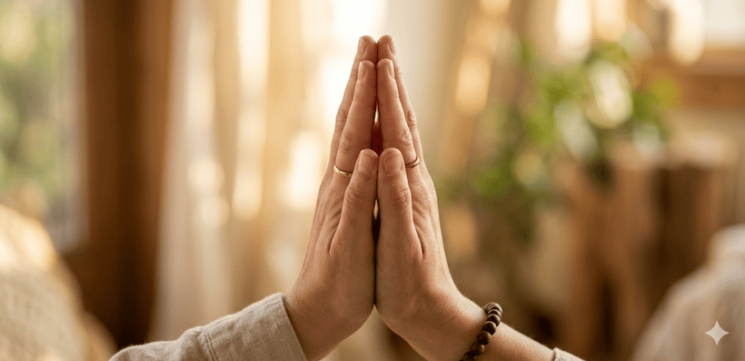 Hands in Anjali Mudra — a gesture of greeting and gratitude