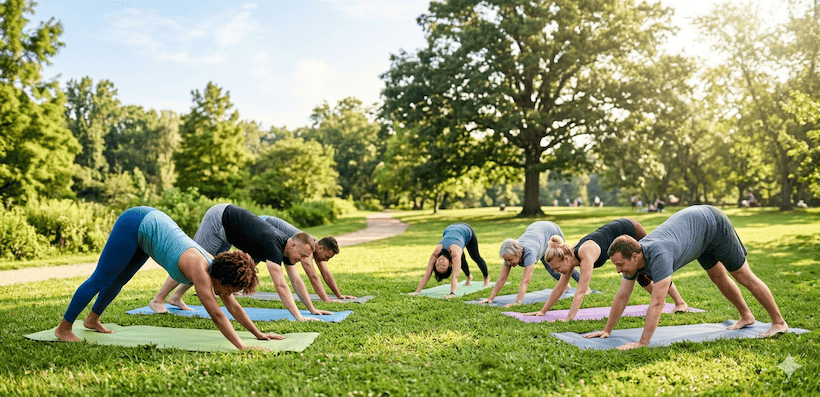 A group yoga class practising together outdoors